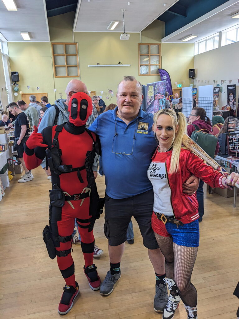 Barry Slevin as Deadpool and Joyce Slevin as Harley Quinn at Enniskillen Comic Fest 2024. Photo: James Bacon