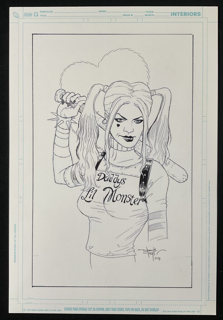 Harley Quinn portrait by Dave Taylor, a private commission by the vendor, signed by the artist, May 2024, pen on Bristol Board 28cm x 43cm