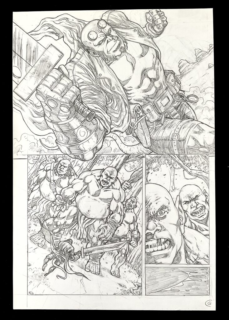 Hellboy #1 Page 6 (Dark Horse Comics) - original pencil art by Cesar Greco in pencil, signed to verso, 28cm x. 42 cm