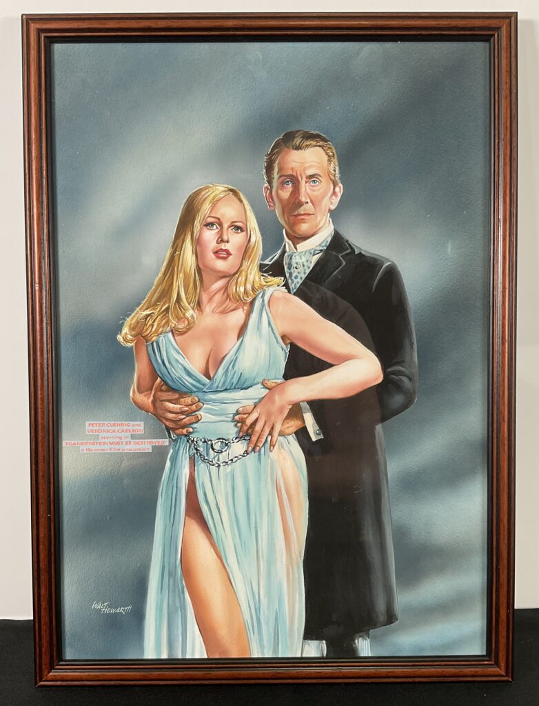Peter Cushing and Veronica Carlson in "Frankenstein must be destroyed", art by Walter Howarth. Gouache, signed, framed in wooden frame with plastic glaze, 30cm x 42cm. Walt Howarth, well known for his "Doctor Who" work, was primarily a British comic book artist, but was also known for working on celebrity portrait and works for magazine covers like John Wayne and The Beatles.