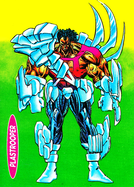 Plastrooper - Marvel UK Trading Card, given away with Plasmer #1, November 1993. Art by Liam Sharp, inked by Cam Smith, coloured by John Burns