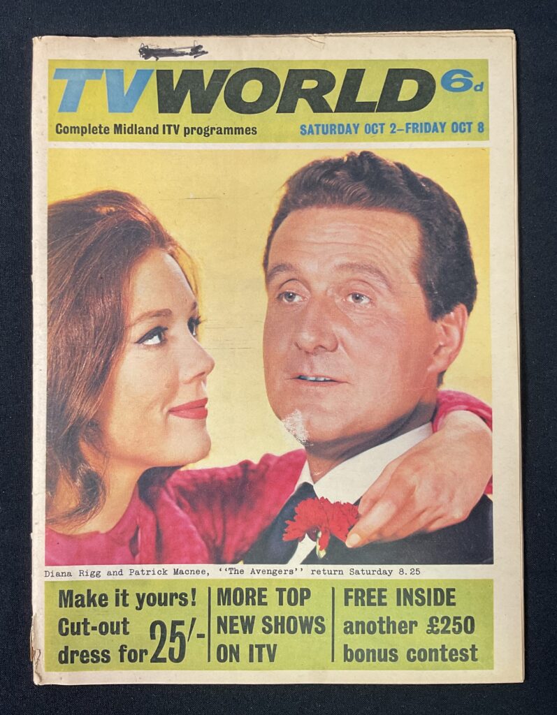TV World Magazine (September 30, 1965) Volume 2 no. 40 featuring "The Avengers" cover. TV World was a short lived television schedule magazines that ran in the Midlands, replacing the TV Times between September 1964 and September 1968.