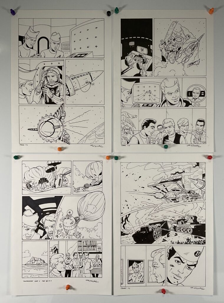 A group of four pieces of original comic book artwork by Lee Sullivan for Thunderbirds comic, all signed by the artist c. 2001. Pen and ink on card, 29.5cm x 41.5cm. There is more than one lot of Thunderbirds art on offer in this auction