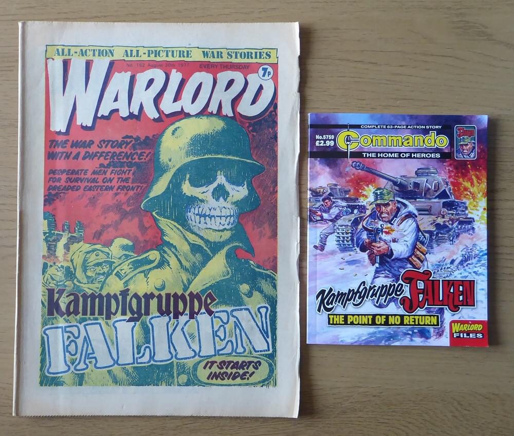 “Kampfgruppe Falken” debuted in DC Thomson’s weekly war comic, Warlord, in Issue 152, cover dated 20th August 1977, seen here alongside the cover of Commando 5759. With thanks to Jeremy Briggs
