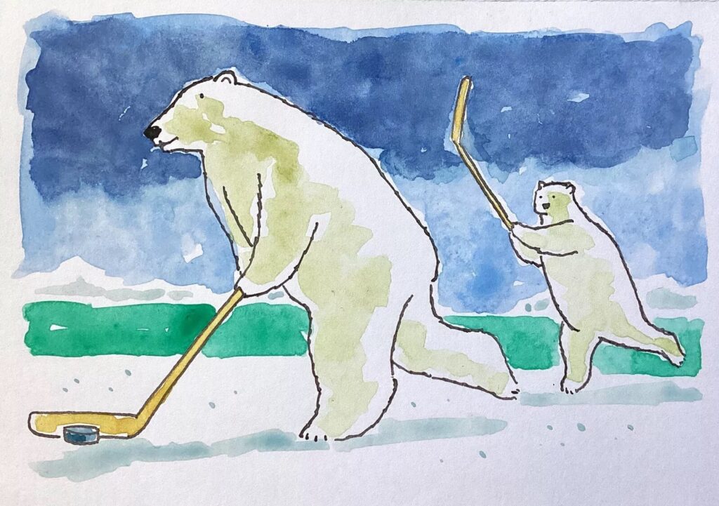 “Polar Bear Ice Hockey” – donated to the 2024 Sophie’s Secret Postcard Auction. Bidding at over £100