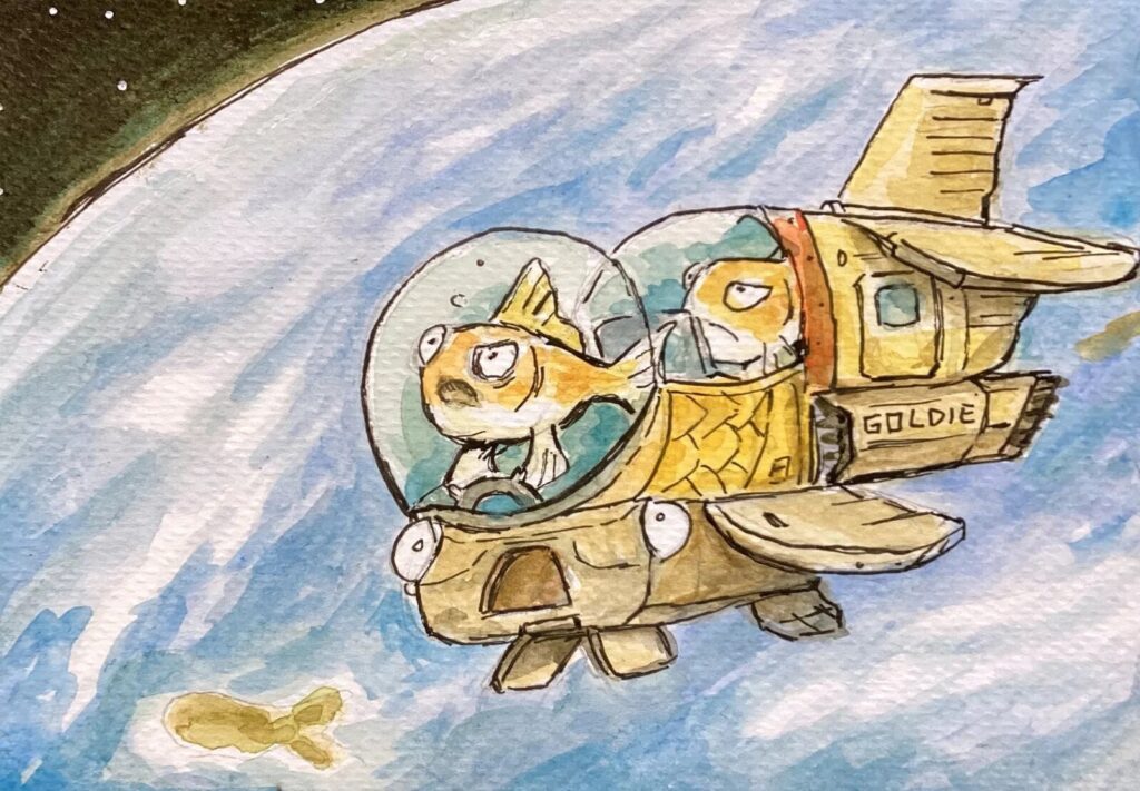 Sophie’s Secret Postcard Auction 2024 - Sample Anonymous Art - “Goldfish Spacecraft” – donated to the 2024 Sophie’s Secret Postcard Auction