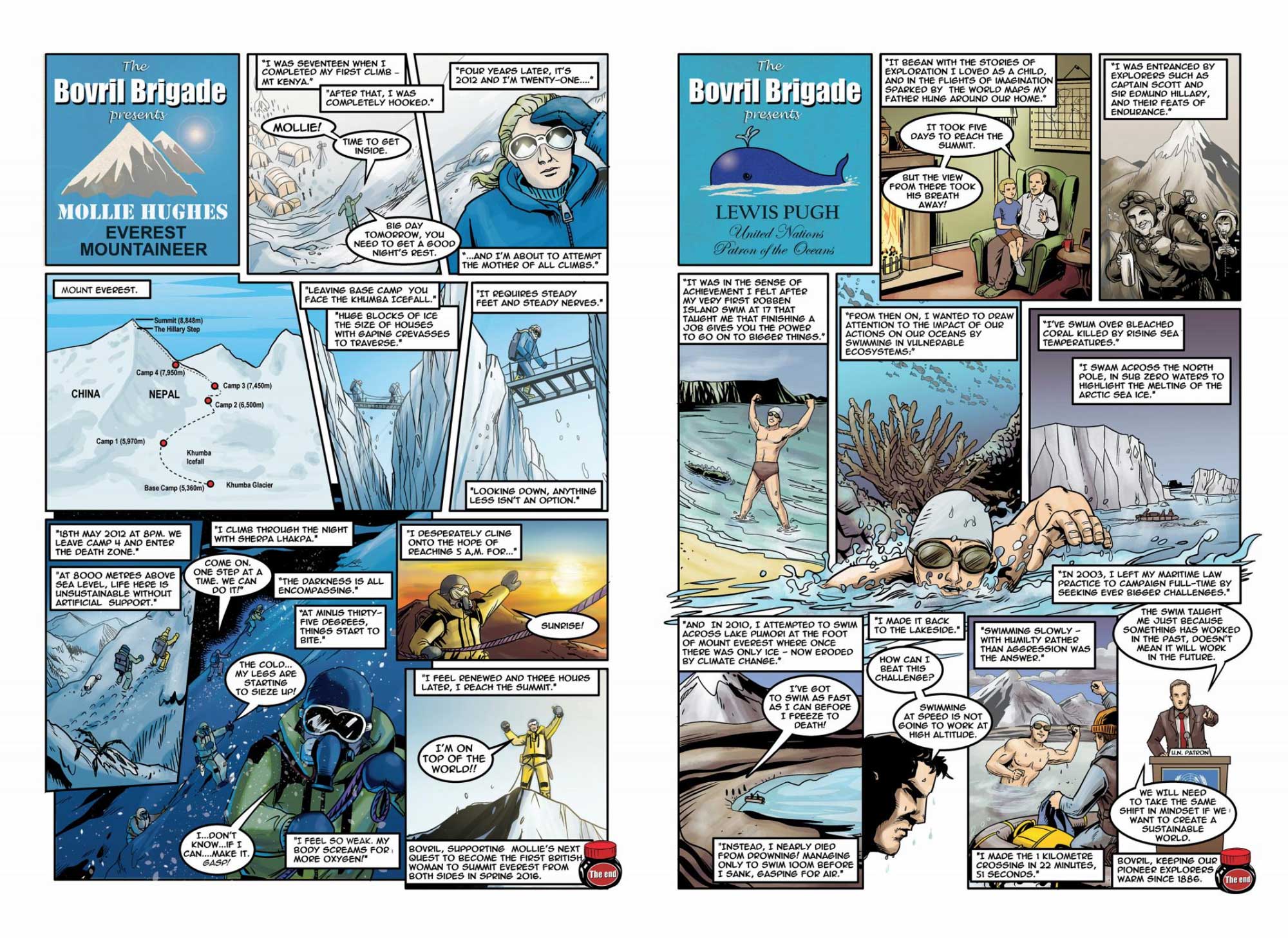 Bovril's 130th anniversary campaign comic, written by Pat Mills, gave Andrew the opportunity to collaborate with Lewis Pugh, UN Patron of the Oceans, to tell his story about his ongoing quest to save the planet's oceans from climate change
