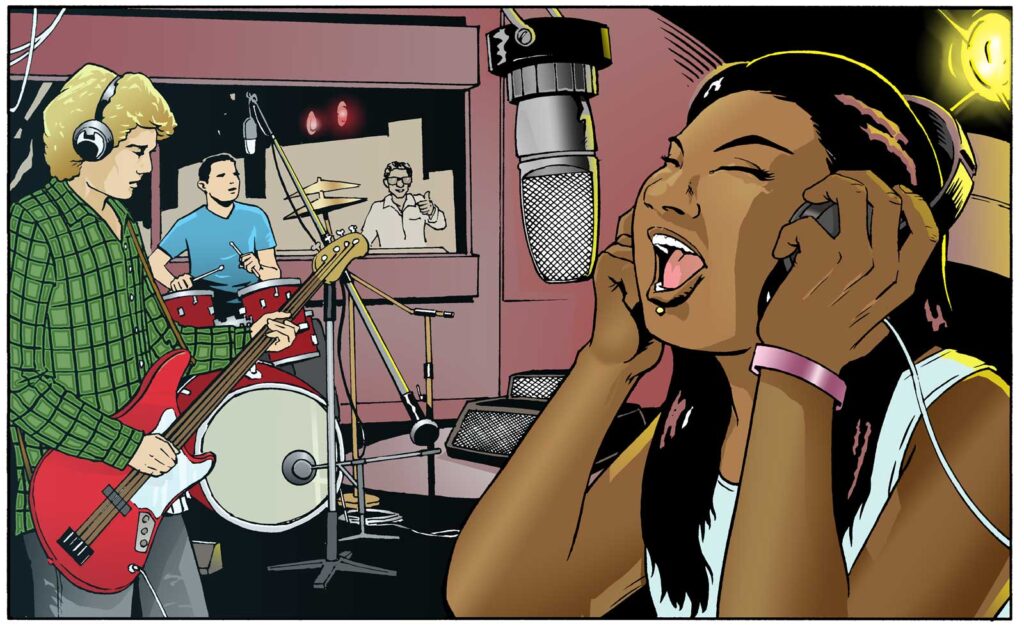 A panel for a short, unpublished test music comic featuring OG Niki for ROK Comics, created at breakneck speed. Art by Andrew Chiu