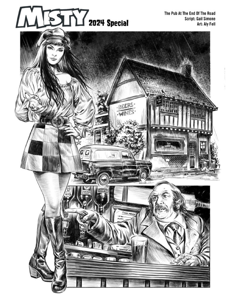 Aly Fell's line-art for the first page of "The Pub at the End of the Road" by the amazing Gail Simone for the upcoming Misty.