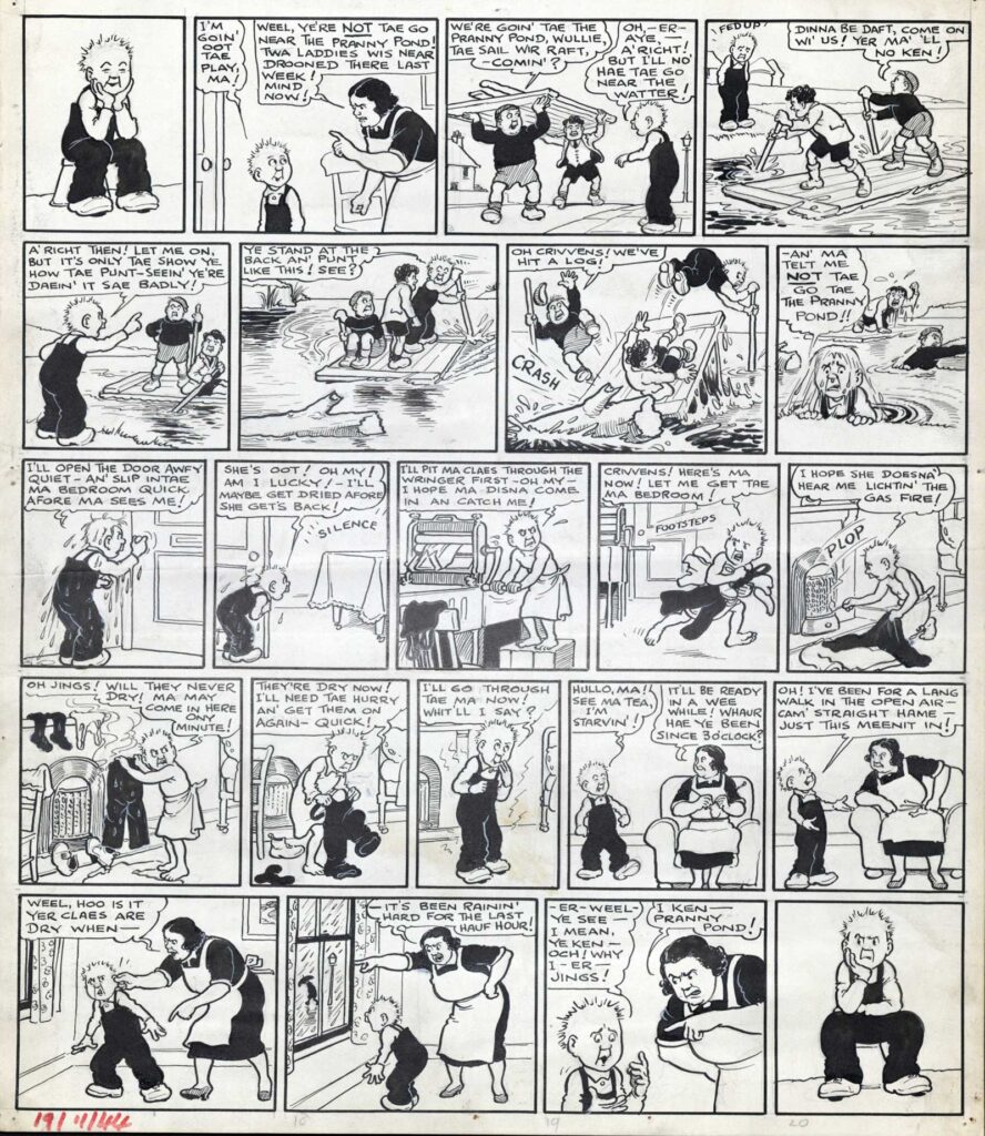 Original artwork for Oor Wullie by Dudley D Watkins, published in The Sunday Post, 1944 © DC Thomson & Co Ltd