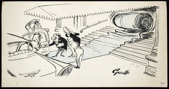 Cartoon by Neville Colvin, signing as "Greville", circa 1964