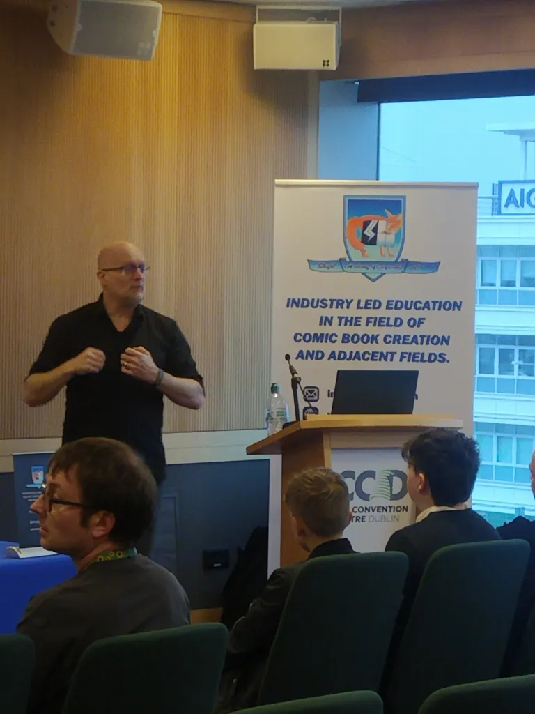 Comic artist Gary Erskine leads a workshop organised by Tallaght Academy of Sequential Art at 2024 Dublin Comic Con