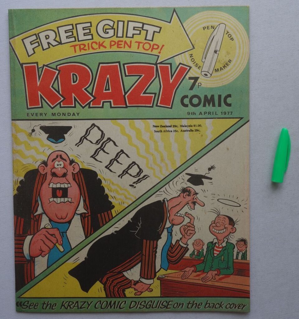 Krazy cover dated 9th April 1977 With Free Gift - A Pen Top Noise Maker