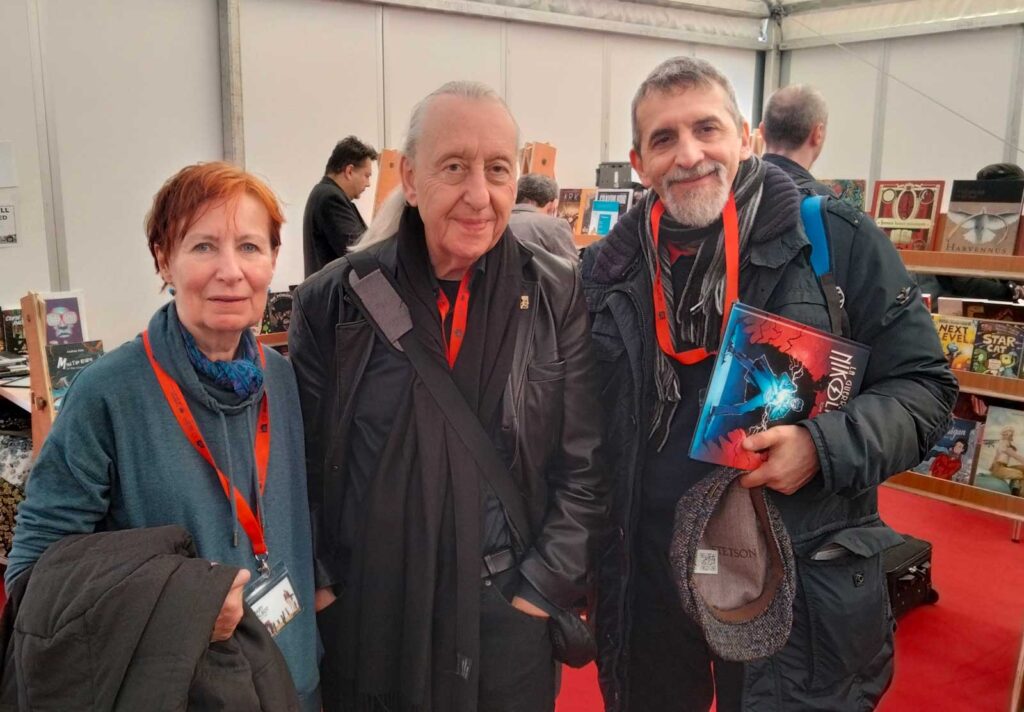 Mary and Bryan Talbot, and comic writer Alberto Conte, at Lakes International Comic Art Festival 2024
