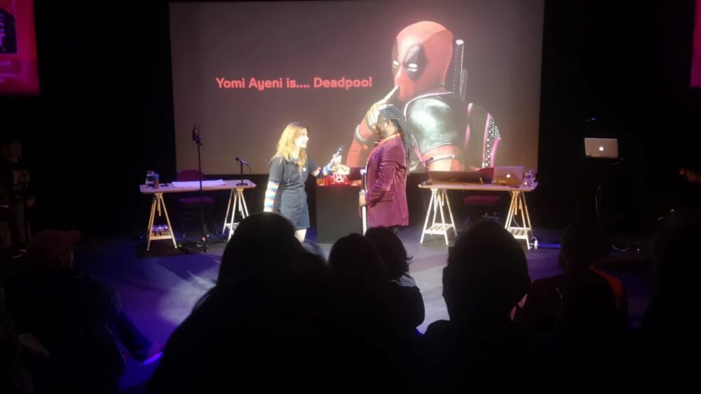 Emma Vieceli and Yomi Ayeni on stage during the opening night event of Lakes International Comic Art Festival 2024