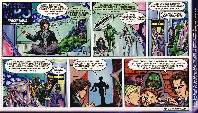 Episode Eight of the Radio Times Doctor Who strip, "Perceptions", written by Gary Russell, drawn by Lee Sullivan, as published, with colour by Alan Craddock
