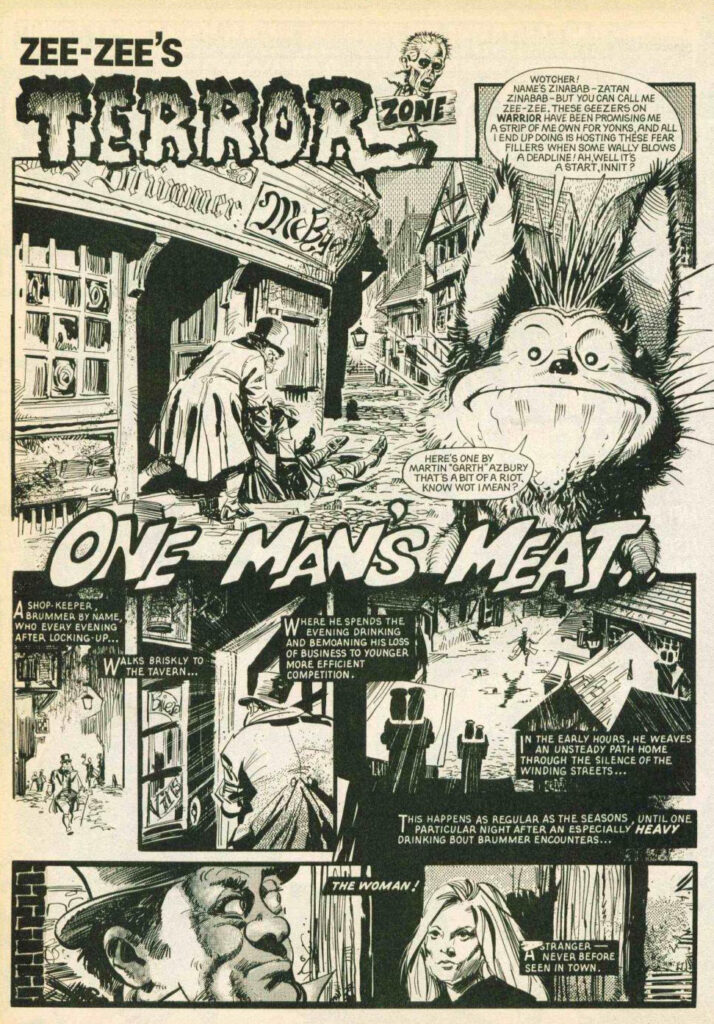 Critically well-received, Dez Skinn's Warrior anthology launched the famous "V For Vendetta" and won many Eagle Awards. Martin provided the story “Zee-Zee’s Terror Zone: One Man’s Meat”, for Issue 18 © Martin Asbury