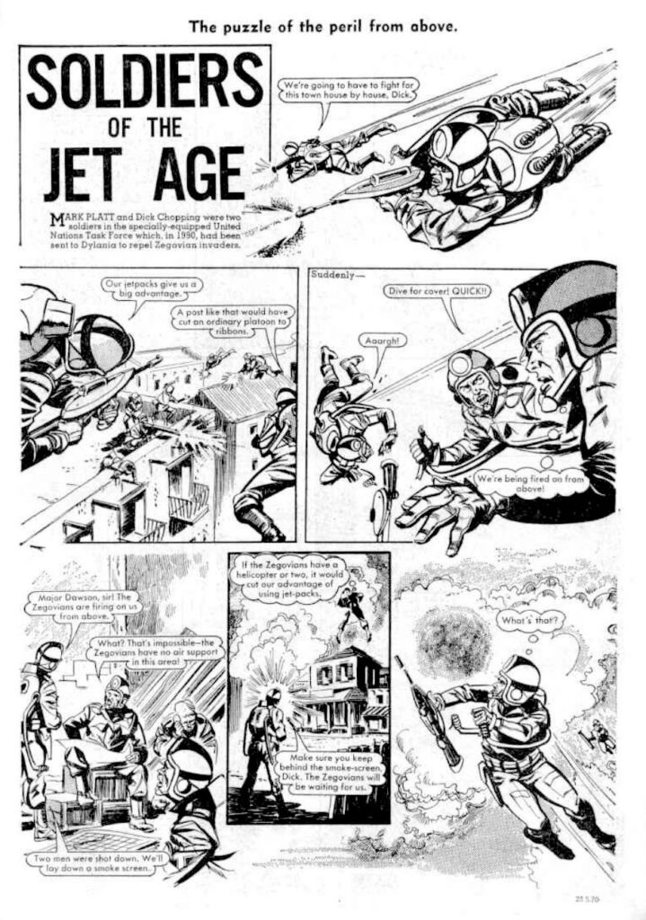 The opening page of "Soldiers from the Jet Age" for Wizard, from the issue cover dated 23rd May 1970. Art by Martin Asbury © DC Thomson