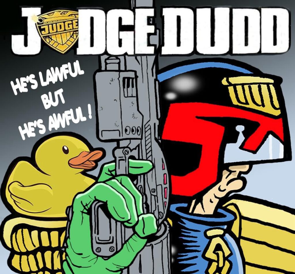 "Judge Dudd" created by Mark Bennington, first appeared in Buster back in 1986, and a special strip, and an interview with Mark, features in the new Zarjaz anthology