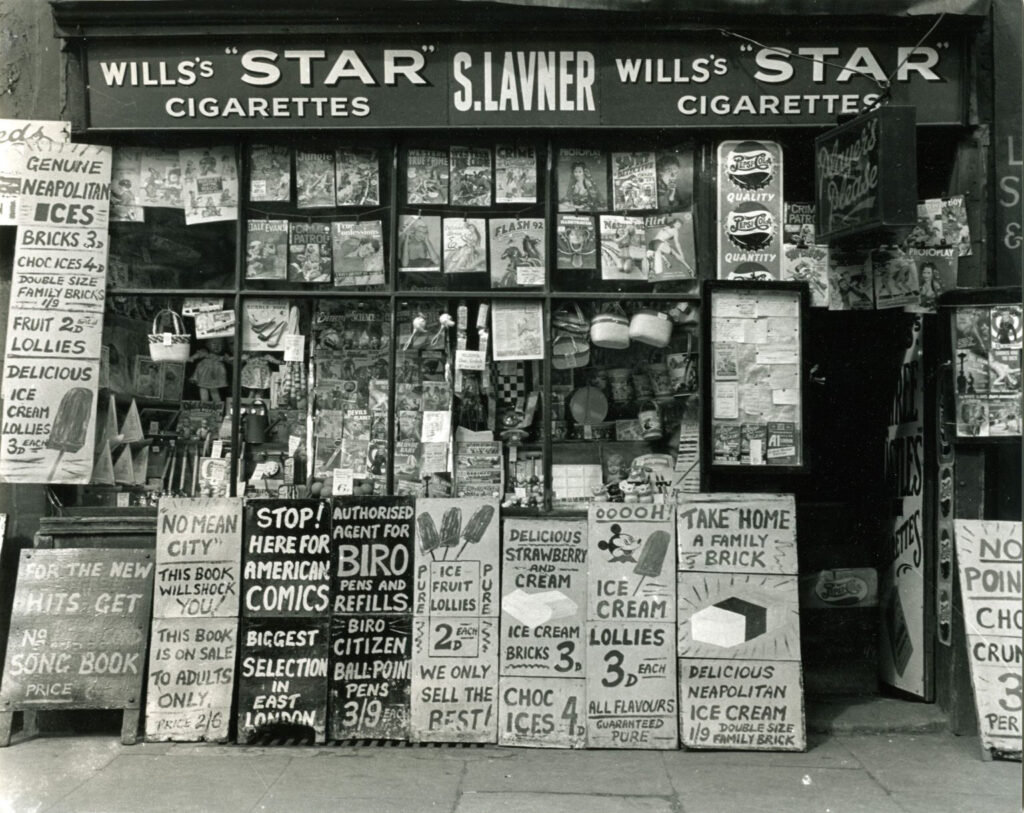 Photograph showing shop front for S. Lavner, newsagents and tobacconist
