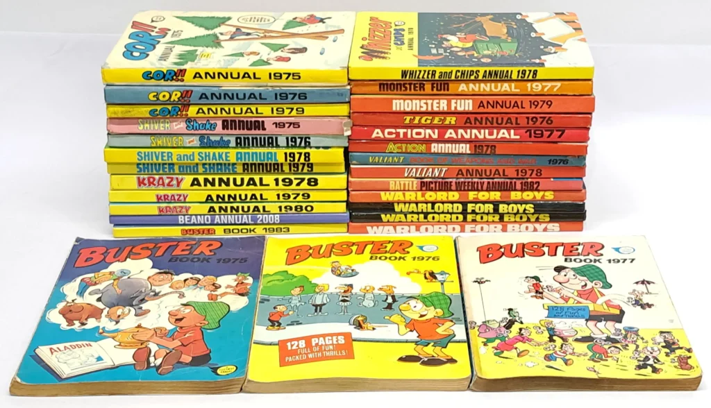 Quantity of Children’s Hardback Annuals and similar, 1970’s to 2000’s.  Includes Buster, Krazy. Shiver and Shake, Cor!!, Warlord for Boys and Valiant. Image: Vectis