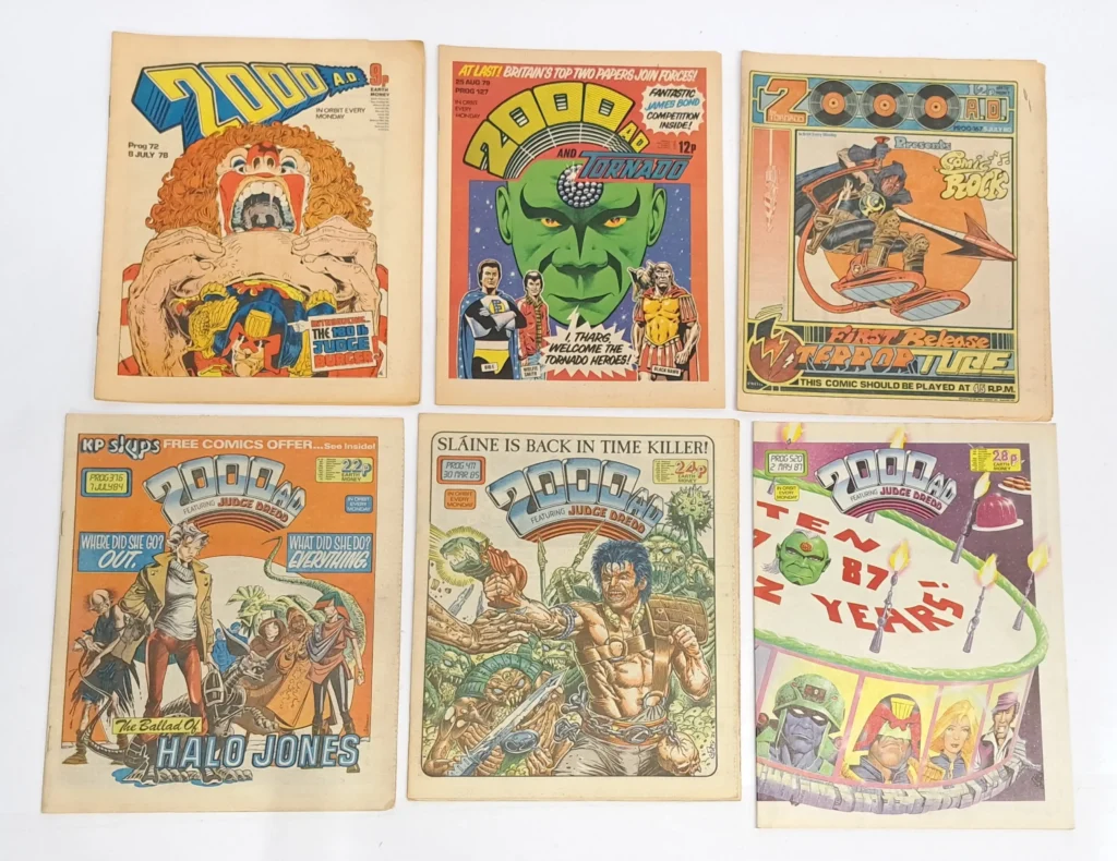 Large Quantity of 2000AD Judge Dredd UK Comics 1970’s to 1980’s.   Includes #72 First Burger Wars, #127 First 2000AD and Tornado, #167 First Appearance of Nemesis, #376 First Appearance of Halo Jones, #411 First Appearance of Slaine & #520 Tenth Birthday New Look Issue. Image: Vectis