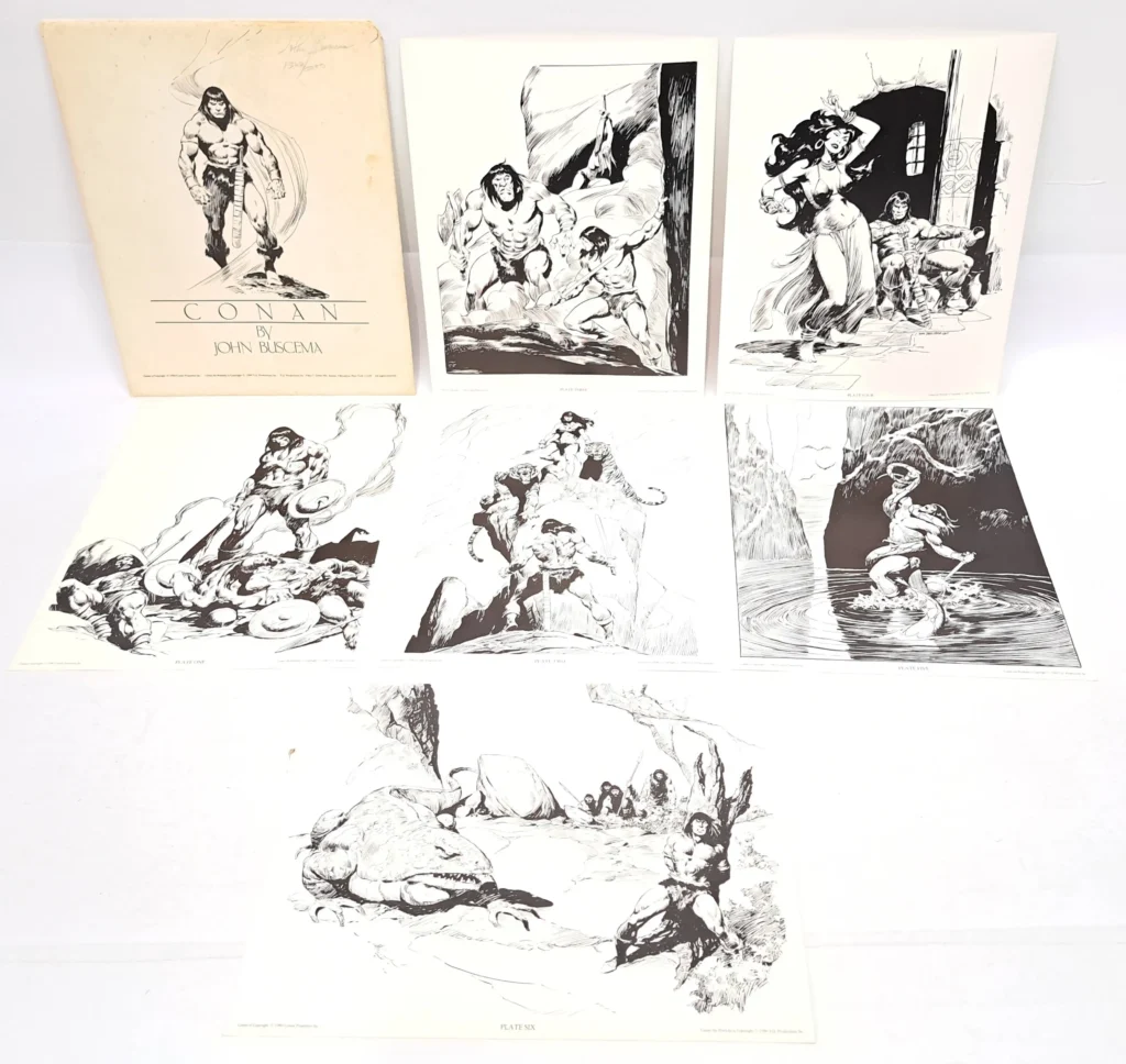 John Buscema Conan The Barbarian Signed Art Portfolio (1980) 1362/2000, Complete Set of 6 Art Prints.  Each Art Print measures approximately 36 cm x 28 cm, Complete with envelope, signed in pencil.  The Art Prints are in Good condition in a Fair to Good Envelope.