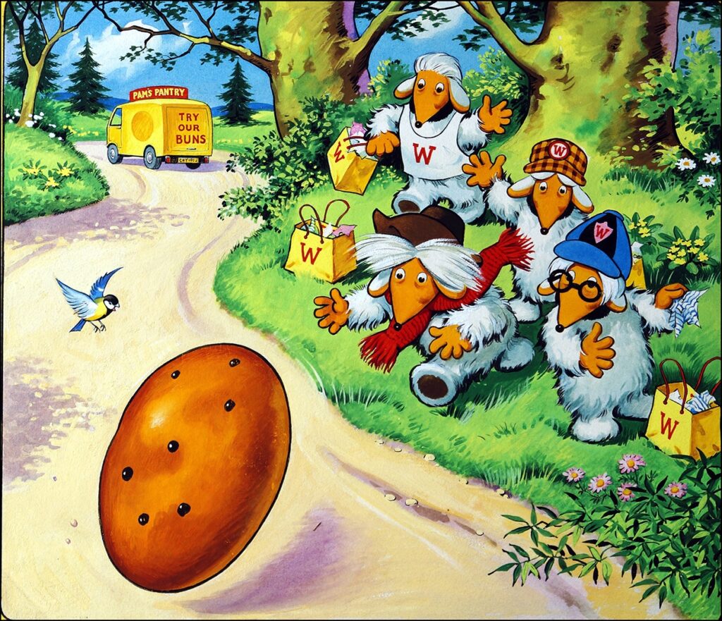 The Wombles track down an escaped Easter bun, art by Jesus Blasco that was originally the front cover to Jack and Jill Weekly, cover dated 24th April 1976. The cover was later reprinted for the Wombles German comic with the writing on the van changed. Strange that the bun isn't hot and cross, but the art still contains deep vibrant colours. | Via The Illustration Art Gallery/Book Palace