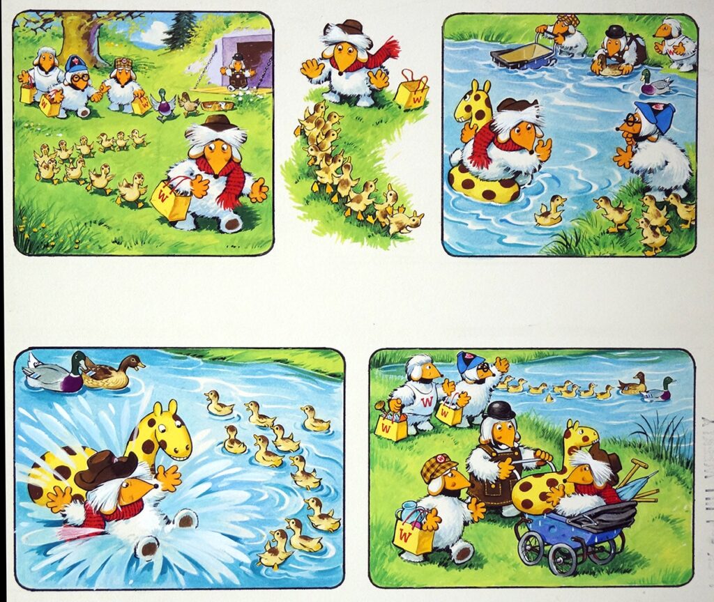 The Wombles: Ducks Go A-Dabbling! Original painting used in the pre-school children's comic Jack and Jill 5th November 1977. This board comprises five panel paintings showing this amusing Wombles story from the back page of the issue. | Via The Illustration Art Gallery/Book Palace