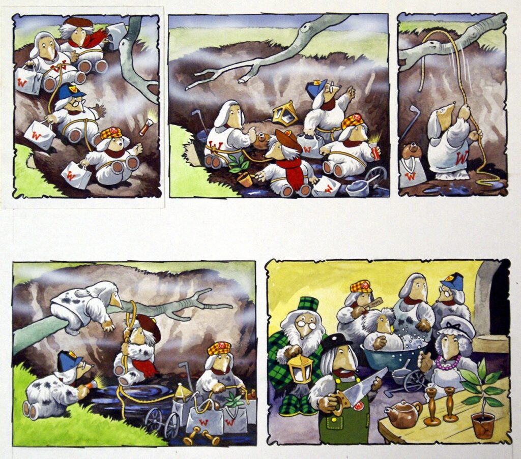 Misty Morning: "The Wombles" art for Jack and Jill, cover dated 29th October 1977. A board comprising four panel paintings showing an amusing Womble story | Via The Illustration Art Gallery/Book Palace - click the images for larger versions