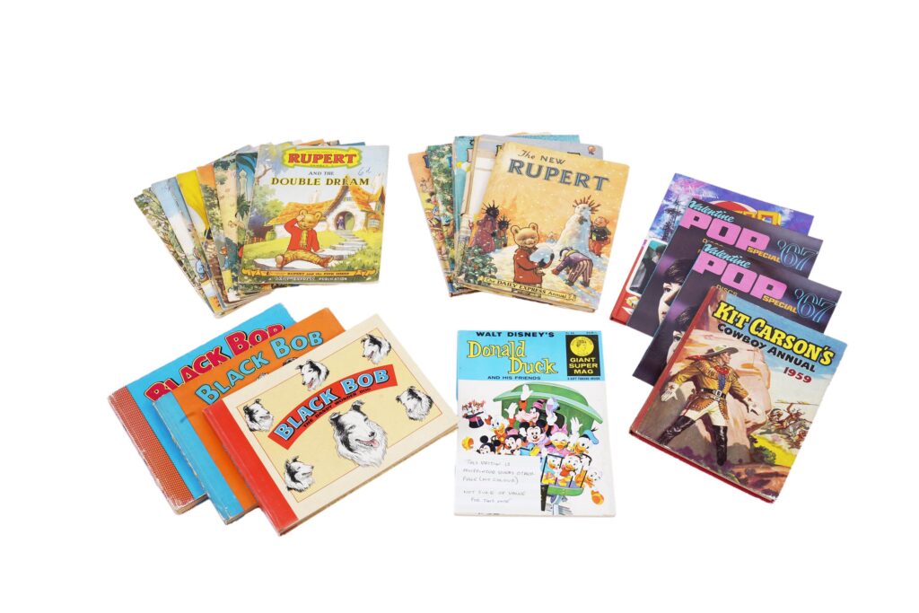 British children's annuals: The Rupert Annuals: 1954, 1955, 1956, 1973 and 1978; ten issues of The Rupert Adventure Series; three Black Bob: The Dandy Wonder Dog Annuals; Kit Carson’s Cowboy Annual 1959; Blake’s 7 Annual; two copies of The Valentine Pop Special 1967; together with Walt Disney’s Donald Duck Giant Super Mag – this printed edition