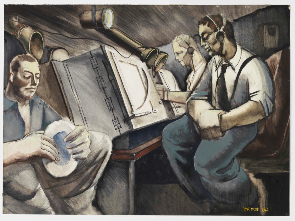 This painting by Tom Wood, official war artist with the Royal Canadian Navy, 1944, depicts three sailors in the ASDIC (sonar) hut aboard a Royal Canadian Navy corvette. Two of the sailors are wearing headphones and listening for submerged enemy submarines | Beaverbrook Collection of War Art, Canadian War Museum, Ottawa, via Digital Museums Canada – Community Stories