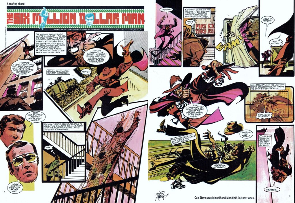 Steve Austin, "The Six Million Dollar Man", takes on The Great Mandini in this episode of the strip from an issue of Look-in cover dated 14th January 1978. Story by Angus Allan, art by Martin Asbury