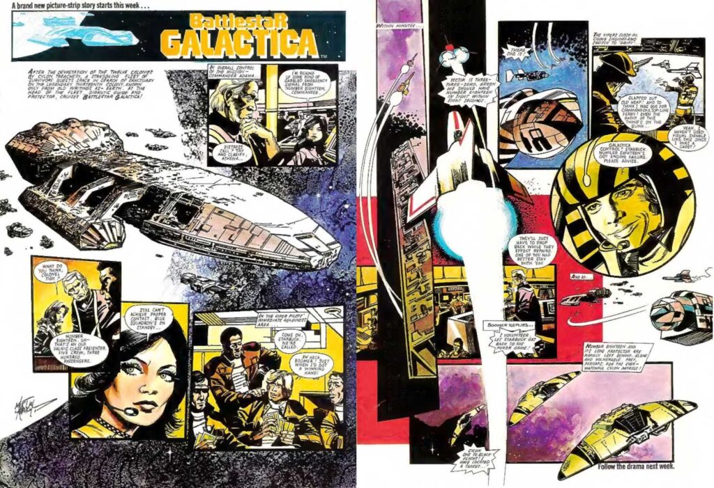 Dynamic space opera in the opening episode of Look-in's take on "Battlestar Galactica". From October of 1979 to October 1980, Look-in serialised four complete Battlestar Galactica stories, based on the original TV series. Art by Martin Asbury