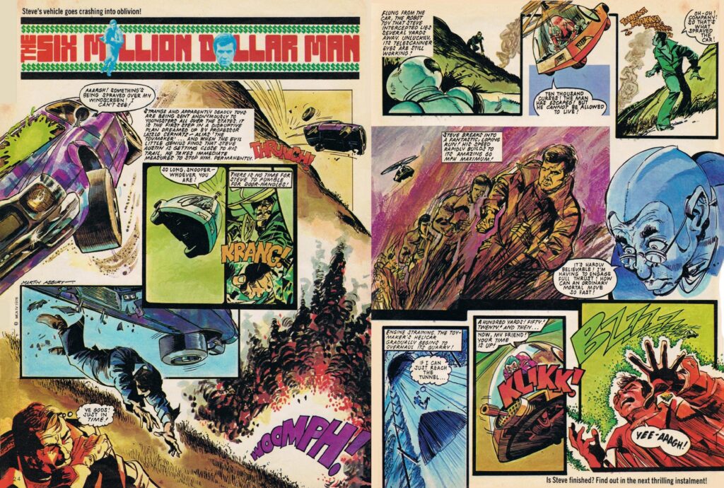 Above: Steve Austin falls foul of the Toymaker in an episode of "The Six Million Dollar Man" for Look-In cover dated 27th March 1976. Story by Angus Allan, art by Martin Asbury