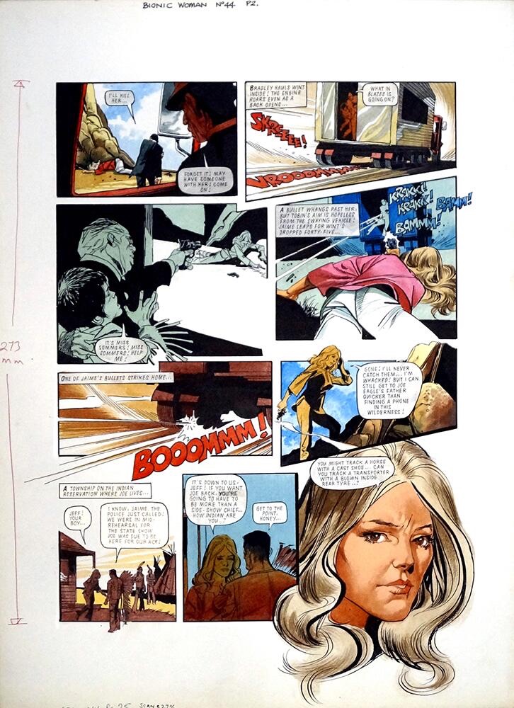 A “Bionic Woman” page from Look-In No. 44, written by Angus Allan, with art by 2000AD favourite John M. Burns