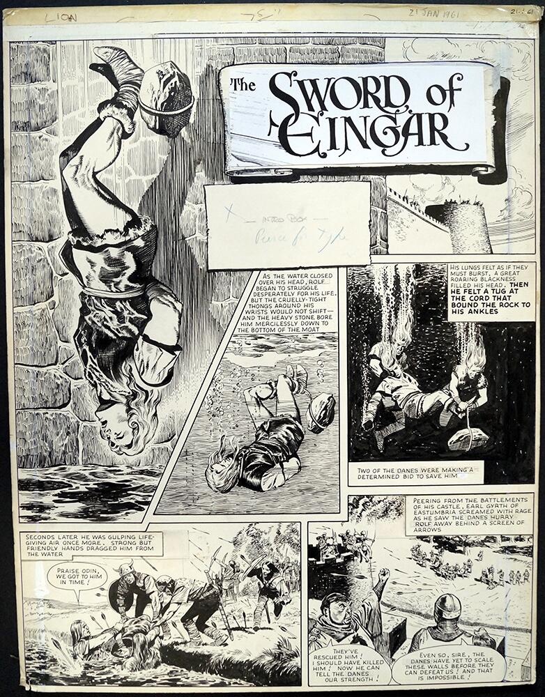A page from “Karl the Viking - The Sword of Eingar” from Lion, cover dated 21st January 1961, written by Ted Cowan, drawn by Don Lawrence, the story of a Saxon-born Viking warrior of the 11th century that mixed historical adventure with fantasy, and first appeared in Lion in the issue cover dated 29th October 1960. The character's appearances ran for four years.