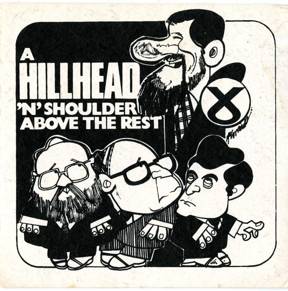 Hillhead election beer mat art by Malky McCormick, 1982