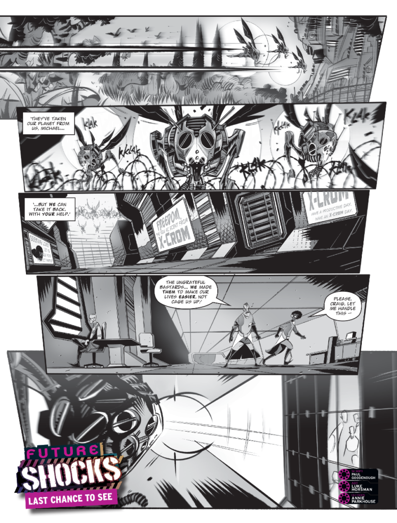 2000AD Prog 2423 - THARG’S FUTURE SHOCKS // LAST CHANCE TO SEE | Script: Paul Goodenough / Art: Luke Horsman / Letters: Annie Parkhouse