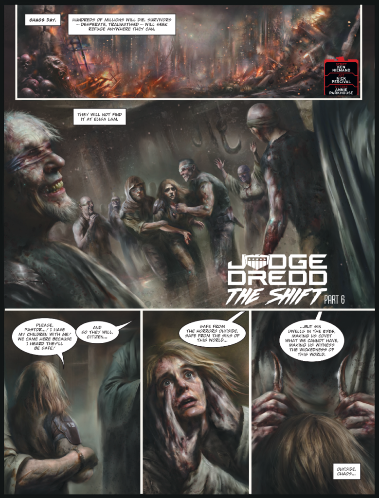 2000AD Prog 2423 - JUDGE DREDD // THE SHIFT, Part Six | Script: Ken Niemand / Art: Nick Percival / Letters: Annie Parkhouse
