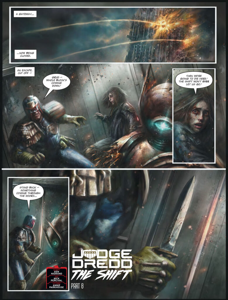 2000AD 2425 - JUDGE DREDD // THE SHIFT 
by Ken Niemand (Writer) Nick Percival (Artist) Annie Parkhouse (Letterer)