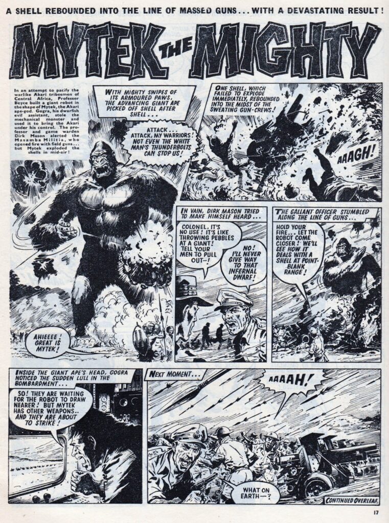Mytek the Mighty, controlled by Gogra, causes mayhem in an issue of Valiant cover dated 3rd January 1965. Scans courtesy Lew Stringer | Mytek the Mighty and Valiant ©️ Rebellion