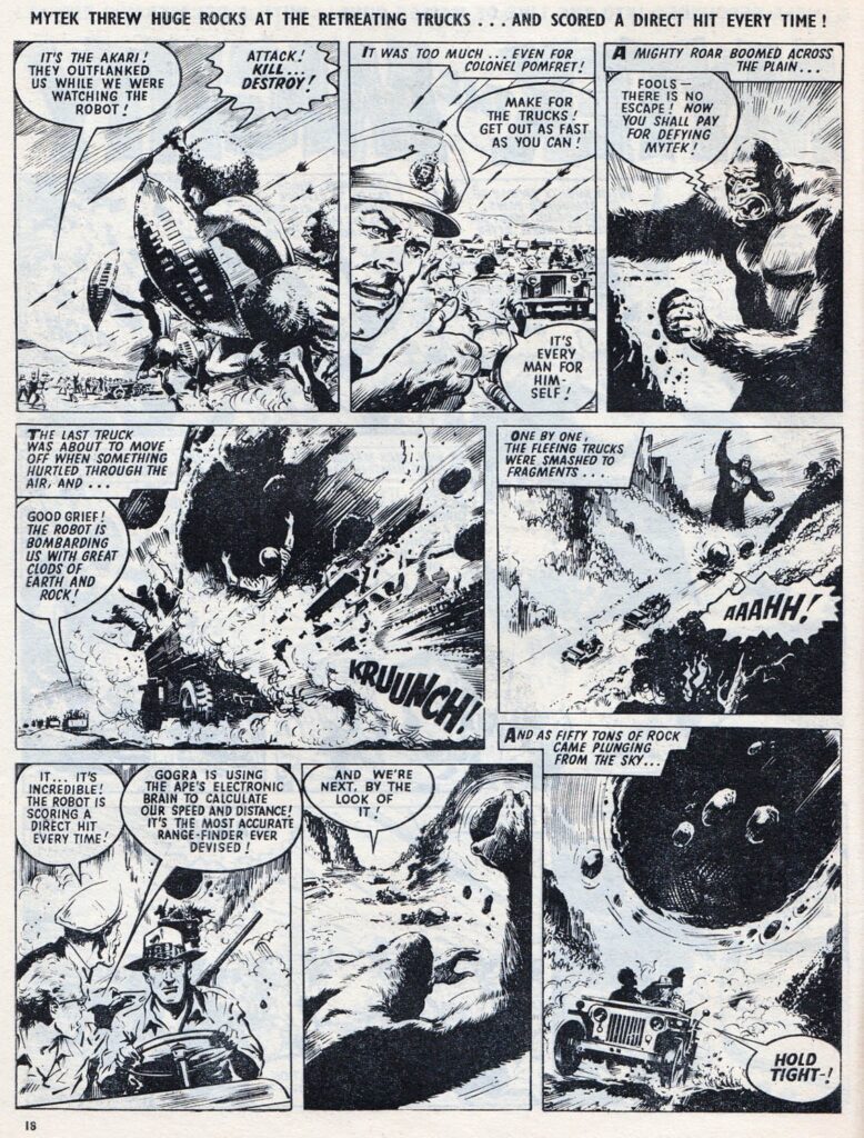 Mytek the Mighty, controlled by Gogra, causes mayhem in an issue of Valiant cover dated 3rd January 1965. Scans courtesy Lew Stringer | Mytek the Mighty and Valiant ©️ Rebellion