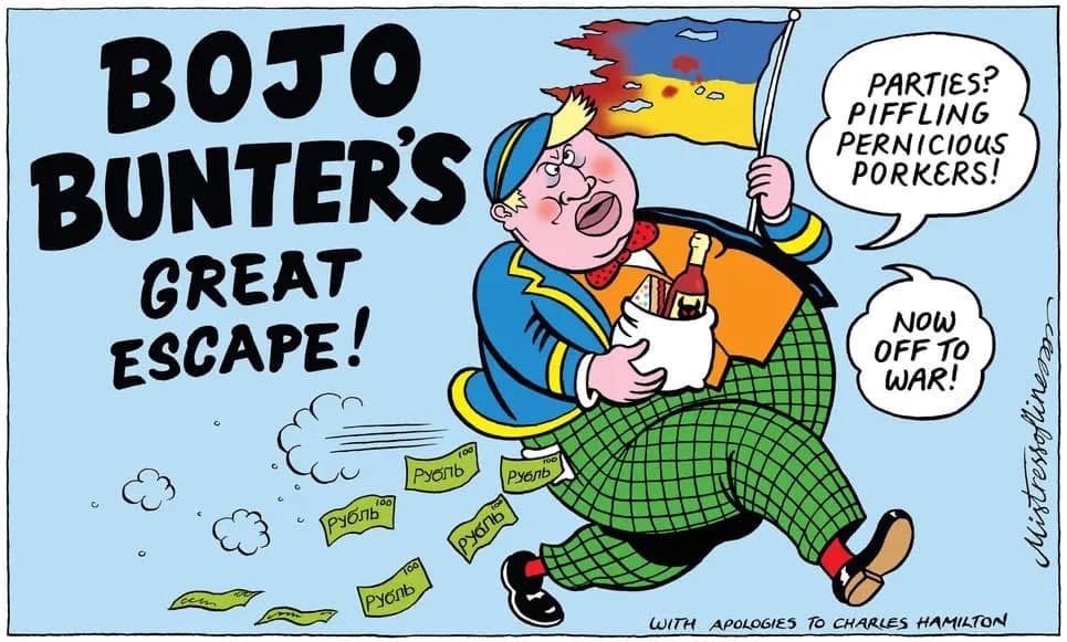 The Guardian’s Lorna Miller portrayed Boris Johnson as Billy Bunter in this cartoon published 14th April 2022