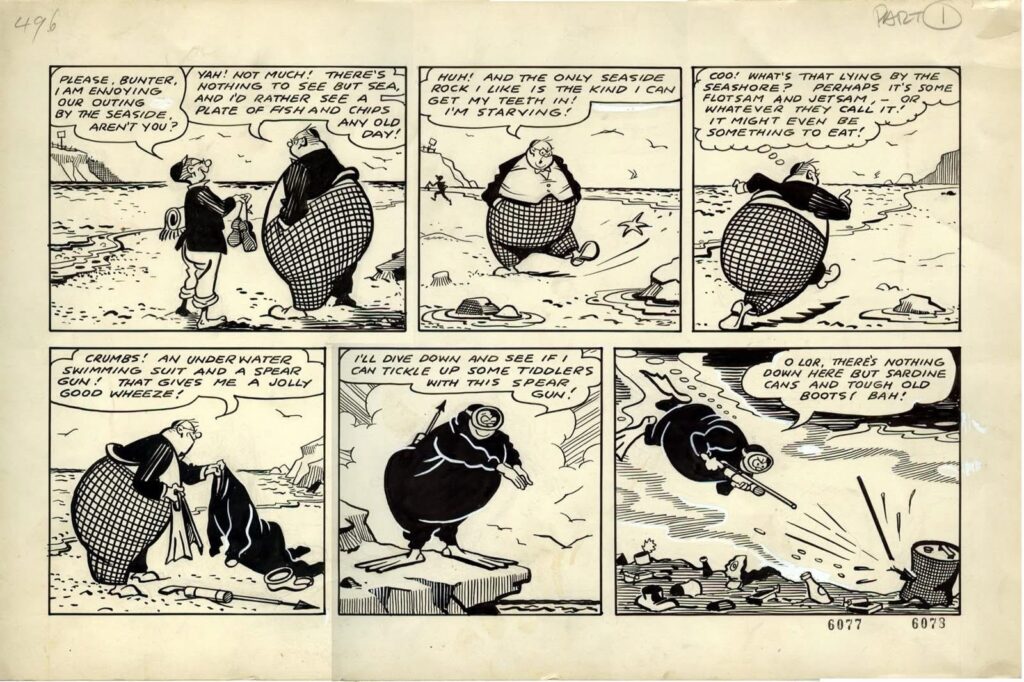 Cartoonist Lew Stringer always liked the work of Eric Roberts so back in the 1990s, when Fleetway were consigning some old art to the furnace, Buster editor Bob Paynter liberated a few pieces to send him. This is part of a Billy Bunter strip Eric drew for Knockout about 60 years ago. (The bottom middle panel isn't patched on. That's just a shadow because Lew scanned it in several bits and reassembled it in Photoshop.) The original is quite large as Eric drew his pages at least twice up. With thanks to Lew Stringer