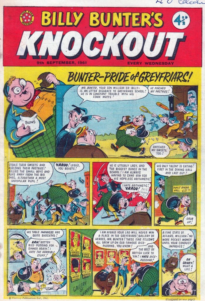 The days when Billy Bunter was the cover star of a later issue of Knockout comic, published in 1961. Artwork by Albert Pease. With thanks to Lew Stringer