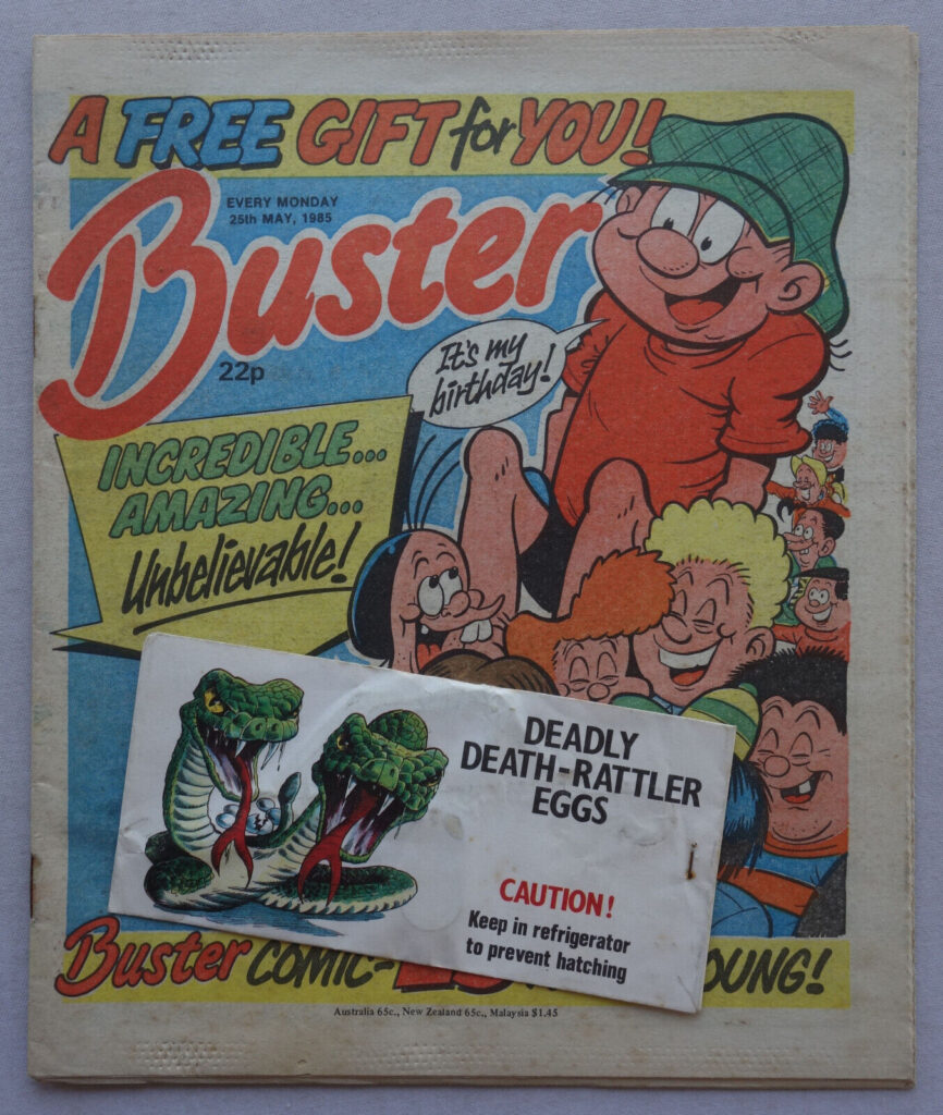 Buster cover dated 25th May 1985 With Free Gift - Deadly Death-Rattler Eggs