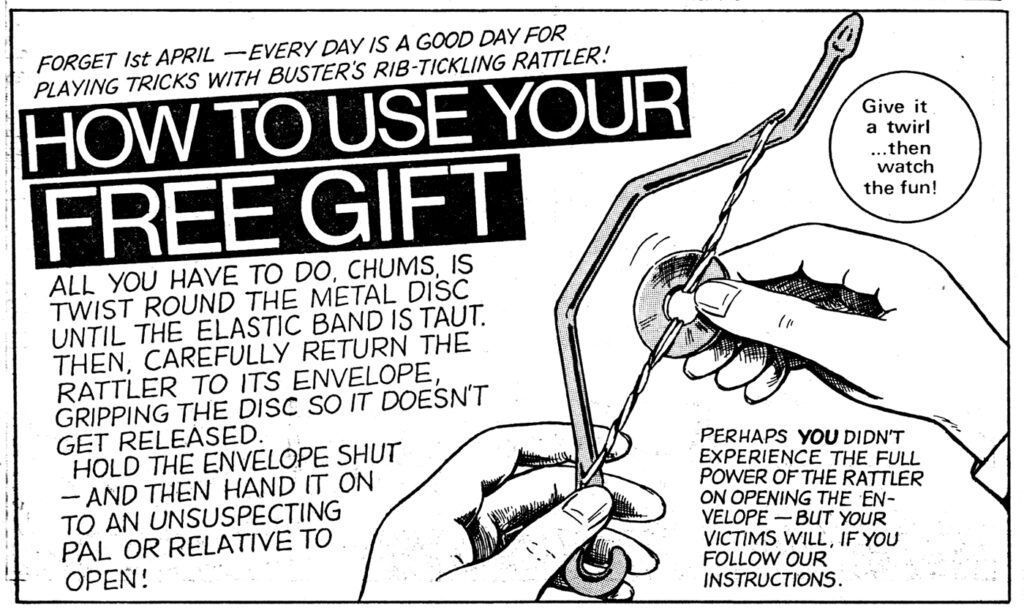 From Buster cover dated 25th May 1985 – how to set up your  Free Gift - the Deadly Death-Rattler Eggs practical joke