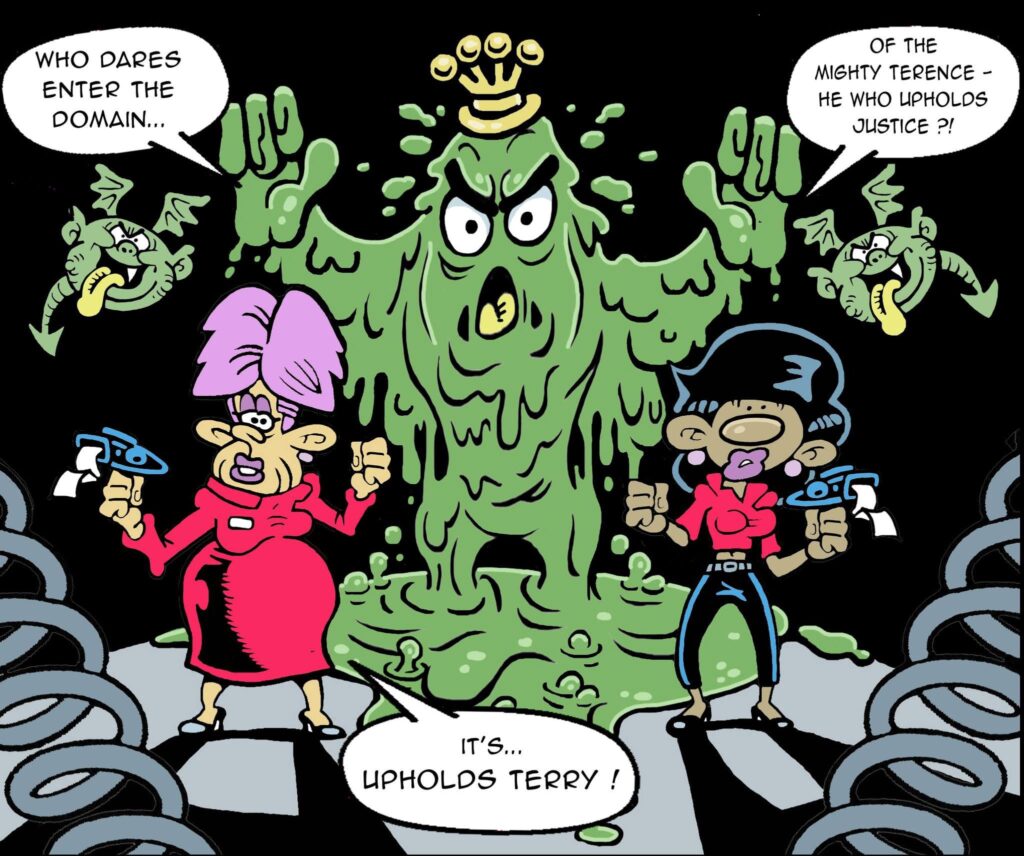 Trace and Sandra find danger in soft furnishings in “Planet of the Canapes” in Mark Bennington Comics... heavy on the Potty...