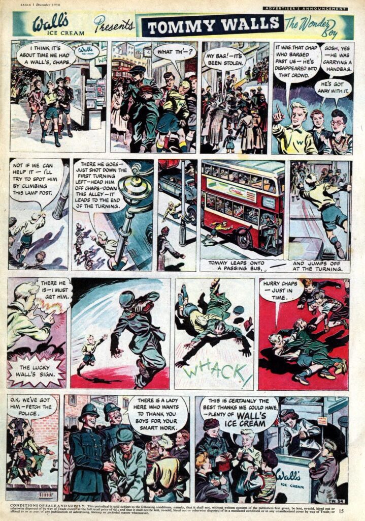 “Tommy Walls”, art by Richard Jennings, an episode from EAGLE cover dated 1st December 1950 | With thanks to Lew Stringer for this “Advertiser’s Announcement”